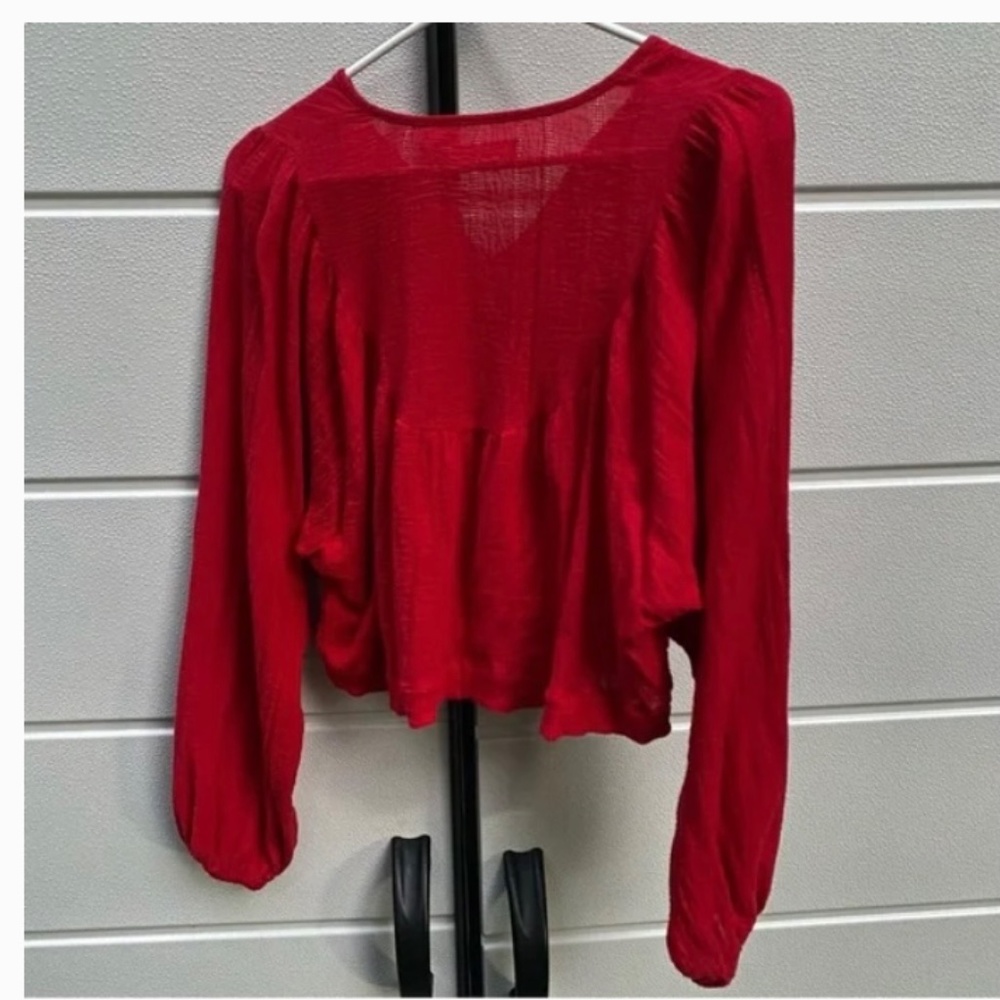 Christy Dawn Sophie Red Peasant Blouse Top Cropped Balloon Sleeve Tie Neck - Picture 2 of 4